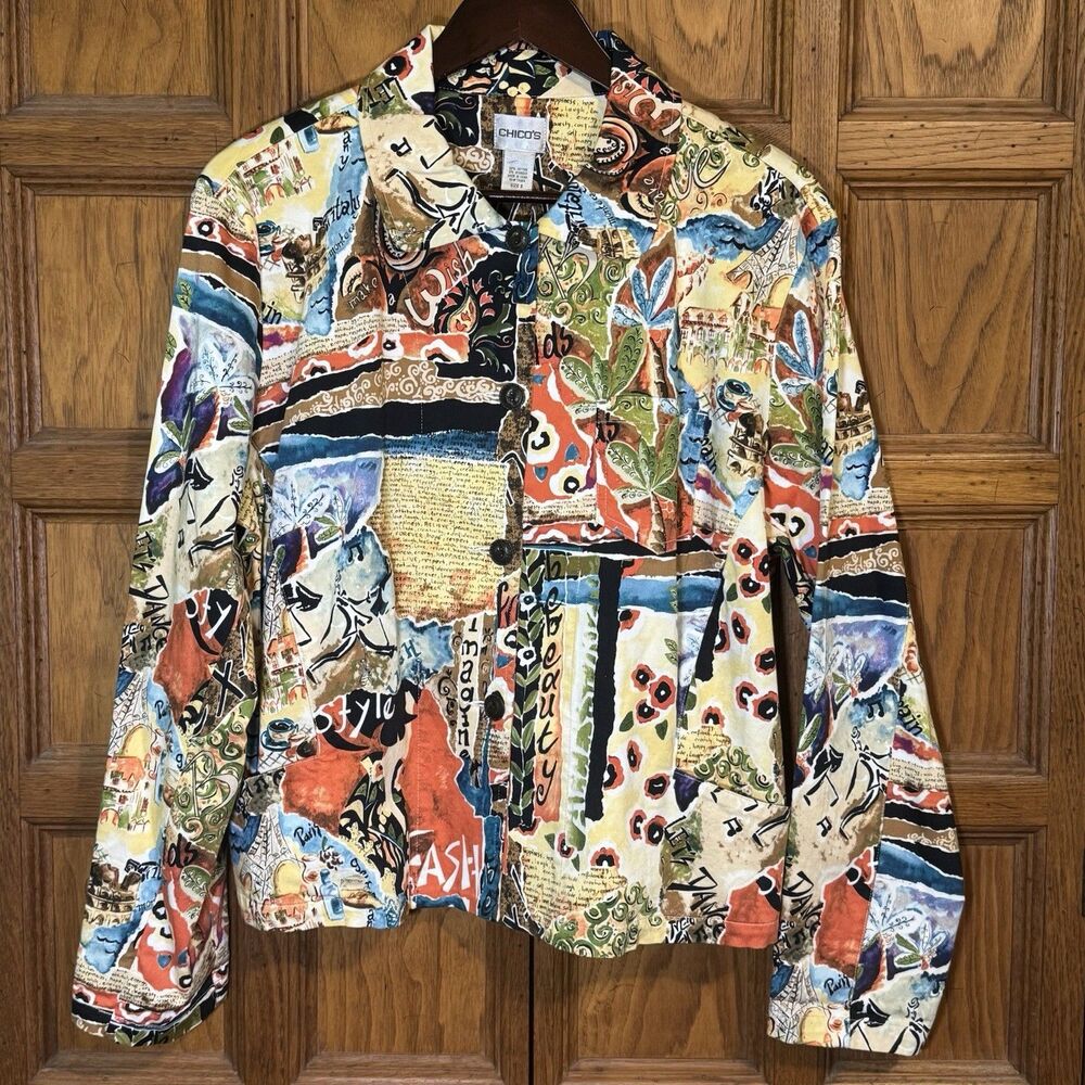 Chico's Artsy Travel Print Cropped Jacket Women's 3 Multicolor Cotton Blazer